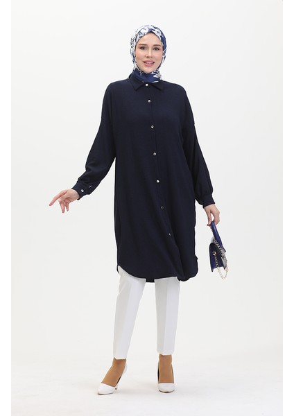 Düğmeli Uzun Tunik 1046-04 Lacivert
