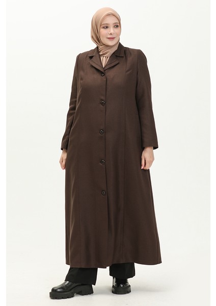 Büyük Beden Boydan Düğmeli Astarlı Pardesü 0422-05 Kahverengi