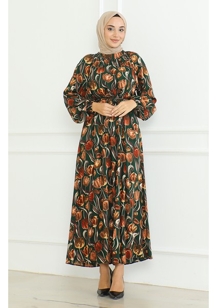 Desenli Kuşaklı Elbise 0467-02 Zümrüt Yeşili fiyatları