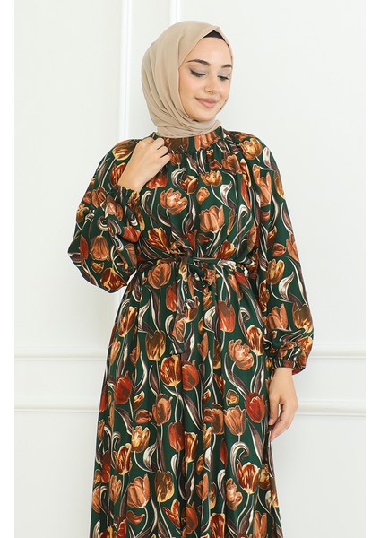 Desenli Kuşaklı Elbise 0467-02 Zümrüt Yeşili modelleri