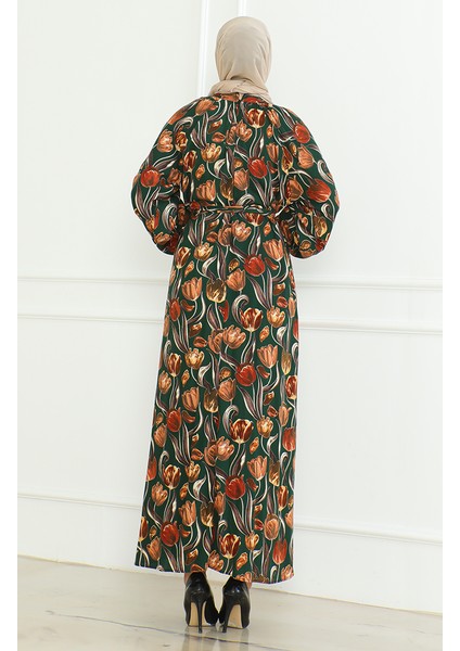 Desenli Kuşaklı Elbise 0467-02 Zümrüt Yeşili fırsatları