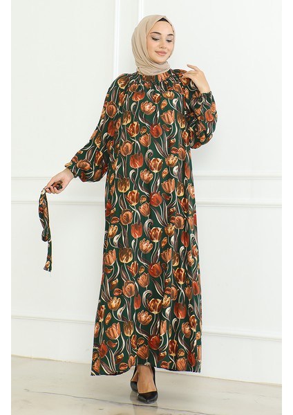 Desenli Kuşaklı Elbise 0467-02 Zümrüt Yeşili indirimleri