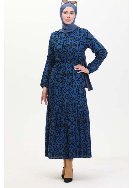 Desenli Kuşaklı Viskon Elbise 0469-07 Saks