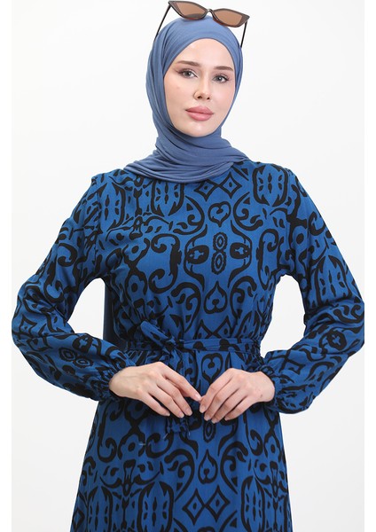 Desenli Kuşaklı Viskon Elbise 0469-07 Saks