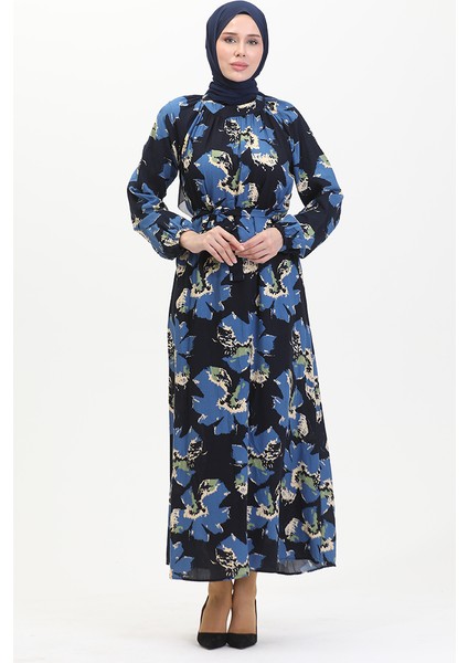 Reglan Kol Desenli Kuşaklı Elbise 0476-03 Indigo