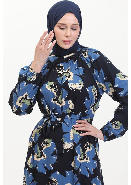Reglan Kol Desenli Kuşaklı Elbise 0476-03 Indigo