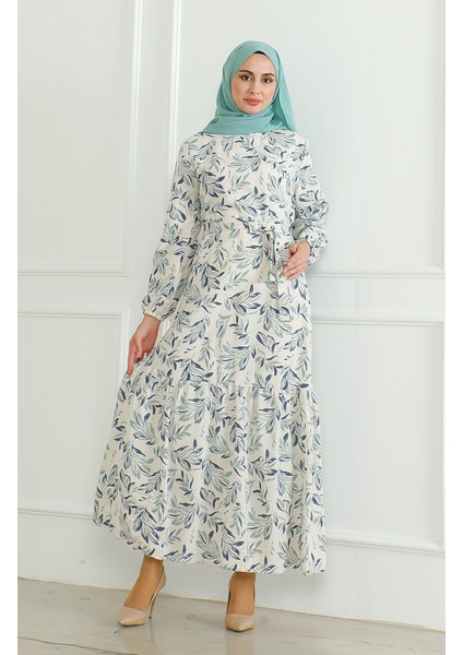 Desenli Kuşaklı Keten Elbise 0471-02 Bej Çağla Yeşili