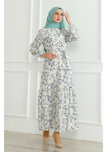 Desenli Kuşaklı Keten Elbise 0471-02 Bej Çağla Yeşili fiyatları