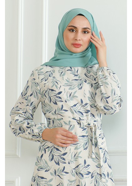 Desenli Kuşaklı Keten Elbise 0471-02 Bej Çağla Yeşili modelleri