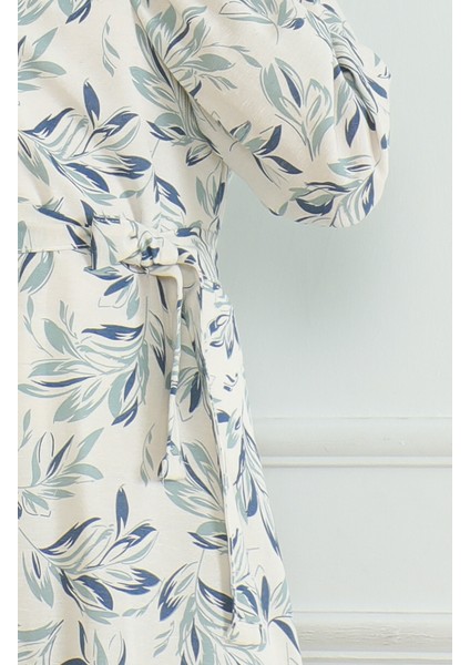 Desenli Kuşaklı Keten Elbise 0471-02 Bej Çağla Yeşili fırsatları