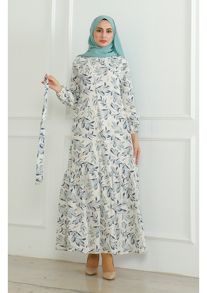 Desenli Kuşaklı Keten Elbise 0471-02 Bej Çağla Yeşili indirimleri