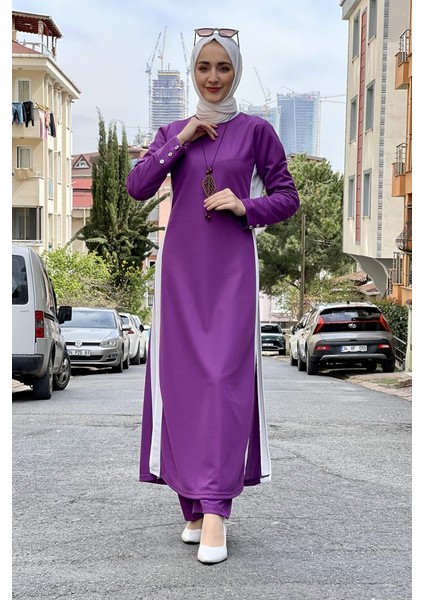 Yırtmaç Detaylı Tesettür Takım 0327-07 Lila