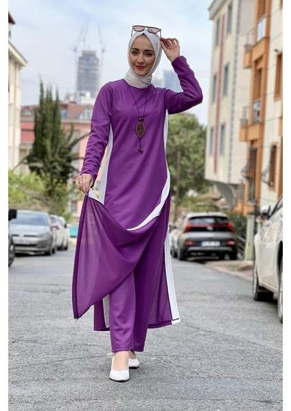 Yırtmaç Detaylı Tesettür Takım 0327-07 Lila fiyatları