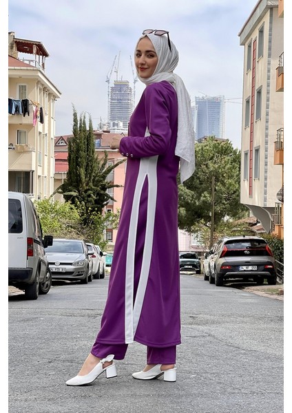 Yırtmaç Detaylı Tesettür Takım 0327-07 Lila modelleri