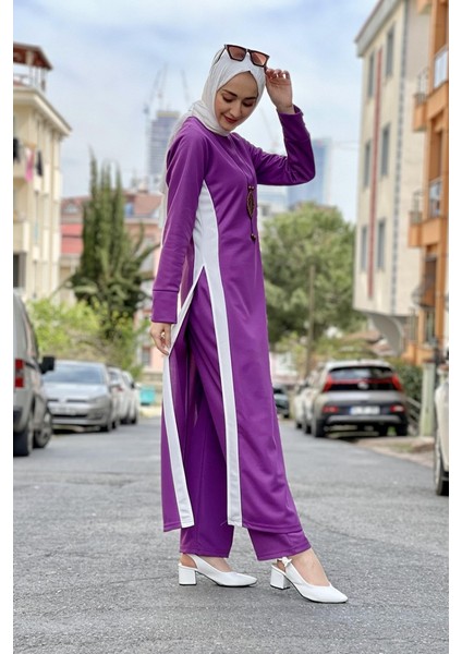 Yırtmaç Detaylı Tesettür Takım 0327-07 Lila fırsatları