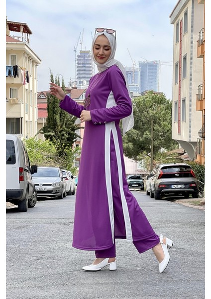 Yırtmaç Detaylı Tesettür Takım 0327-07 Lila indirimleri