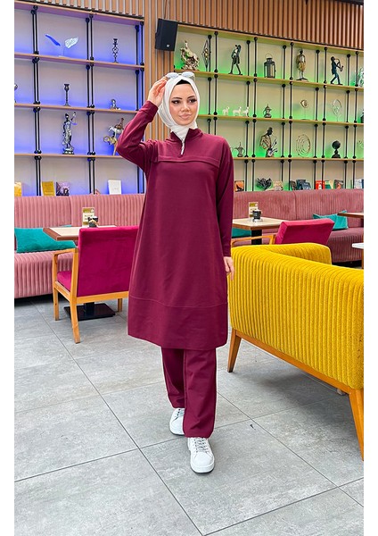 Iki Iplik Fermuarlı Eşofman Takım 3062-04 Bordo