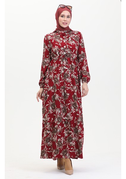 Desenli Viskon Elbise 0489-03 Bordo