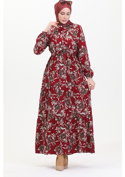 Desenli Viskon Elbise 0489-03 Bordo