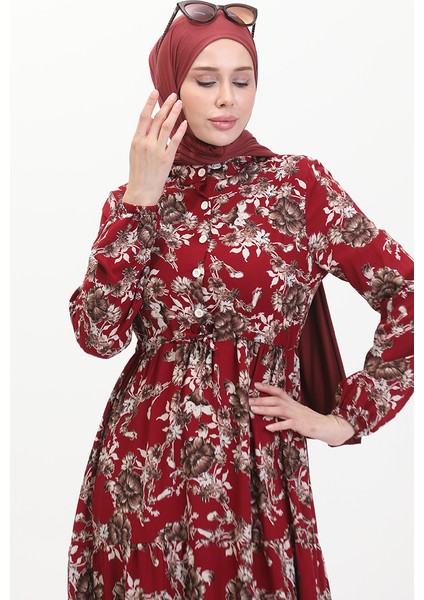 Desenli Viskon Elbise 0489-03 Bordo