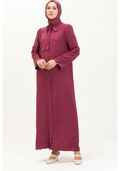 Kravat Yaka Düğmeli Elbise 5111-03 Mürdüm fiyatları