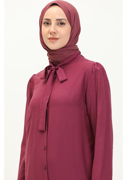 Kravat Yaka Düğmeli Elbise 5111-03 Mürdüm modelleri