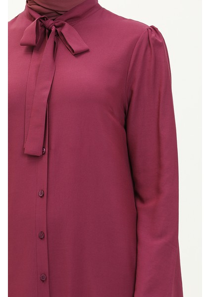 Kravat Yaka Düğmeli Elbise 5111-03 Mürdüm fırsatları