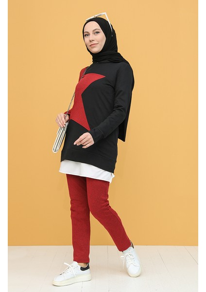Kapüşonlu Garnili Eşofman Takım 3261-05 Siyah Bordo