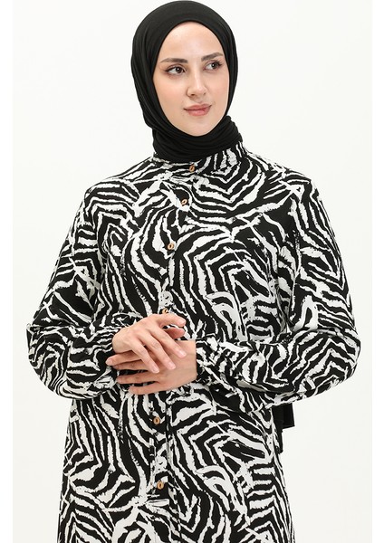 Zebra Desenli Viskon Elbise 0078A-01 Siyah Beyaz