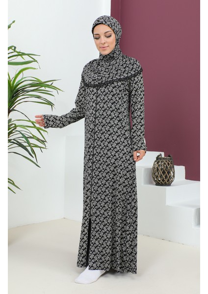 Desenli Viskon Namaz Elbisesi 4487E-02 Siyah modelleri
