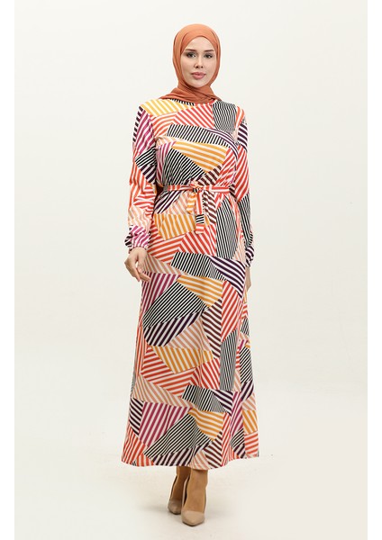 Sandy Uzun Desenli Mevsimlik Elbise 8692-01 Siyah Hardal