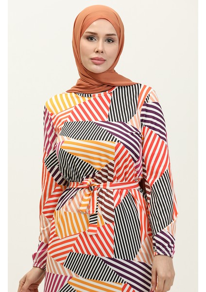 Sandy Uzun Desenli Mevsimlik Elbise 8692-01 Siyah Hardal modelleri