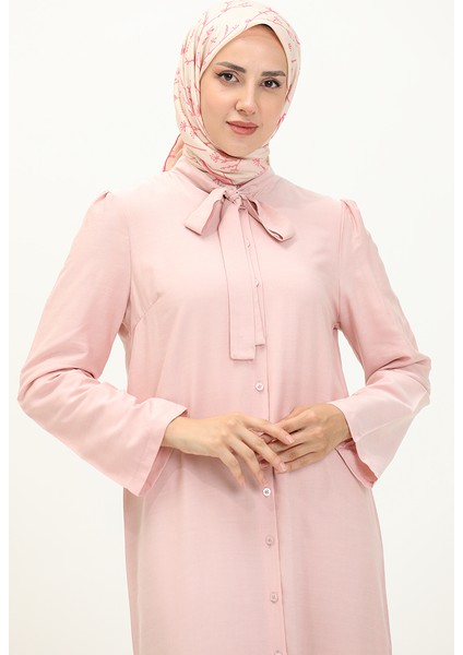 Kravat Yaka Düğmeli Elbise 5111-07 Pembe modelleri