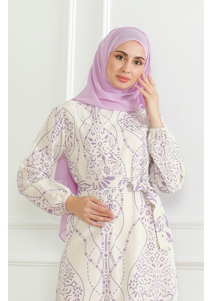 Desenli Kuşaklı Keten Elbise 0471E-01 Bej Lila