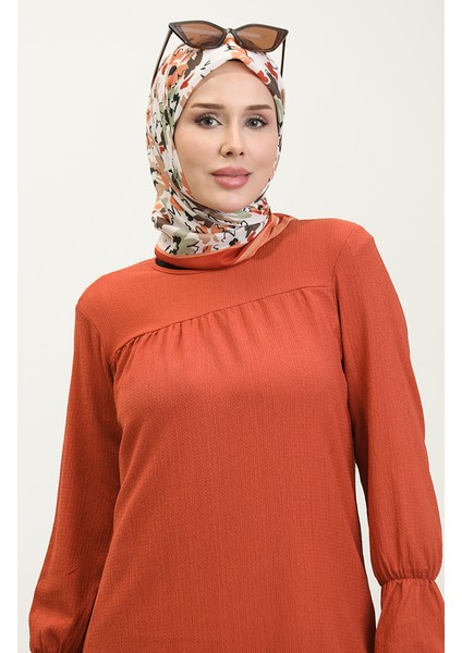 Bürümcük Kumaş Etek Ucu Büzgülü Tunik 0404DA-06 Kiremit modelleri