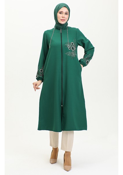 Taş Baskılı Fermuarlı Abiye Kap 0411-01 Zümrüt Yeşili