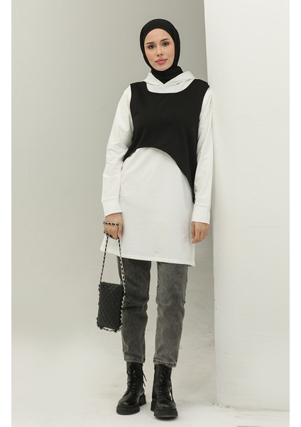 Kapüşonlu Sweatshirt 23109-01 Ekru Siyah