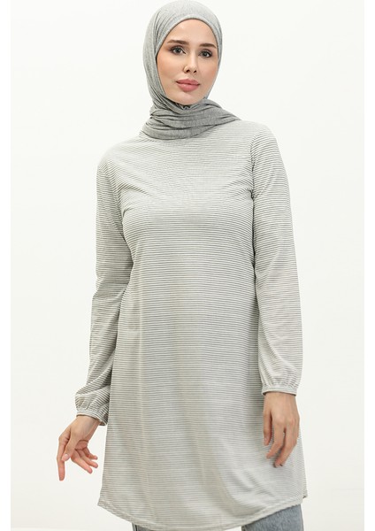 Kol Ucu Lastikli Çizgili Tunik 8613-03 Haki Ekru