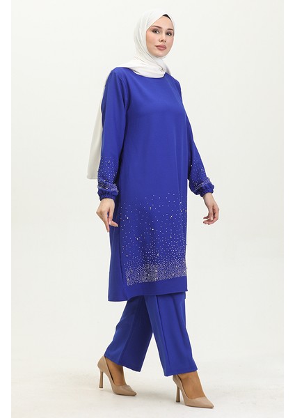 Taş Baskılı Araboy Abiye Tunik Pantolon Ikili Takım 0409-03 Saks