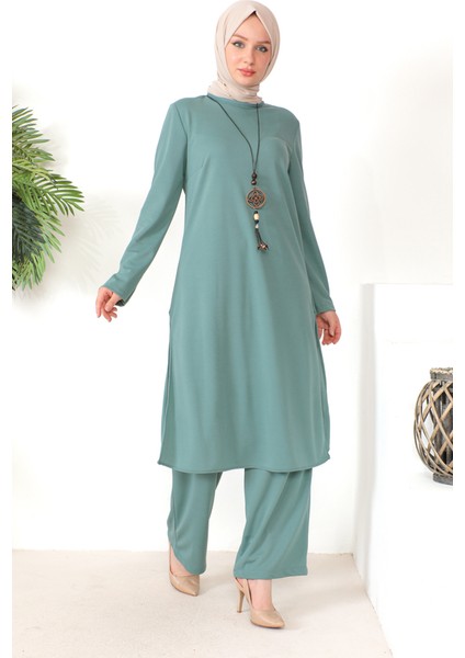 Kolyeli Tunik Pantolon Ikili Takım 8585-03 Çağla Yeşili modelleri