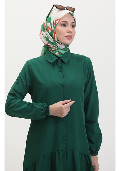 Boydan Düğmeli Büzgülü Elbise 0449-02 Zümrüt Yeşili