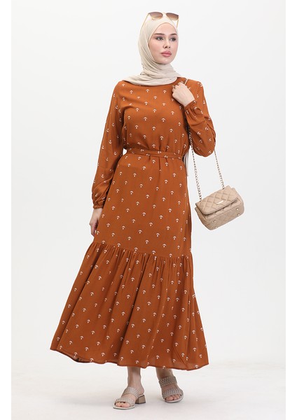 Çapa Desen Kuşaklı Elbise 0461-01 Taba
