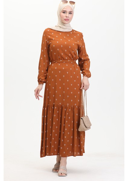 Çapa Desen Kuşaklı Elbise 0461-01 Taba fiyatları