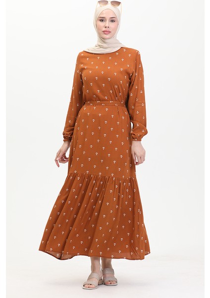 Çapa Desen Kuşaklı Elbise 0461-01 Taba modelleri