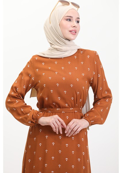 Çapa Desen Kuşaklı Elbise 0461-01 Taba fırsatları