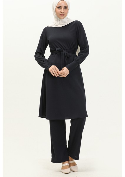 Kuşaklı Tunik Pantolon Ikili Takım 0690-08 Lacivert