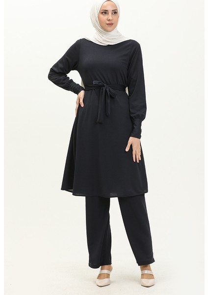 Kuşaklı Tunik Pantolon Ikili Takım 0690-08 Lacivert fiyatları