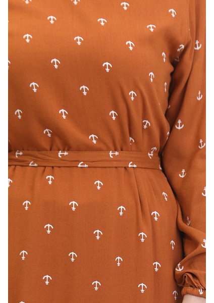 Çapa Desen Kuşaklı Elbise 0461-01 Taba indirimleri