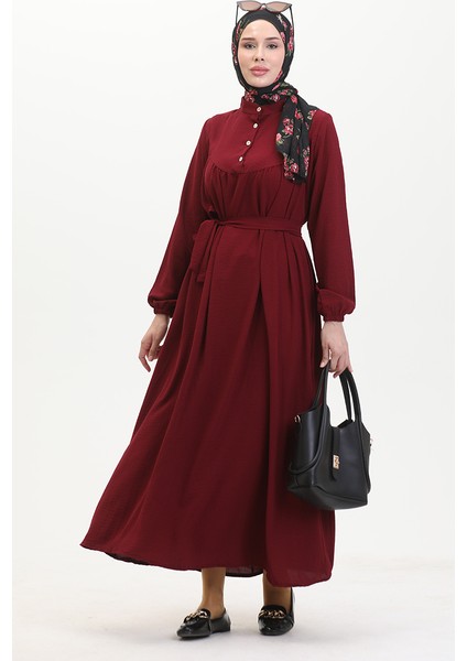 Düğmeli Kuşaklı Elbise 0462-03 Bordo