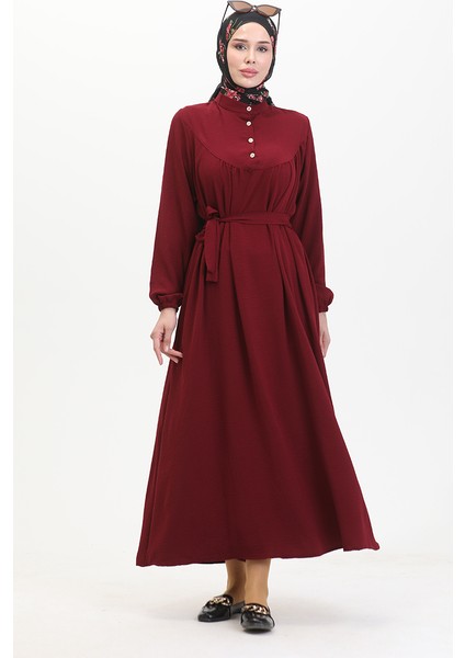 Düğmeli Kuşaklı Elbise 0462-03 Bordo